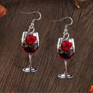 Wine Glass Earrings with Red Rose Design